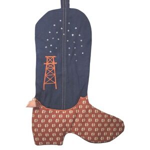 Unbranded Cowboy Boot Christmas Stocking Blue Denim Oil Derrick Stars Bell OS